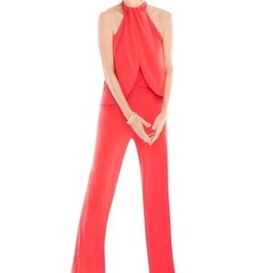 Chicos Orange Ruffle Draped Halter Wide-Leg Jumpsuit High Neck Size 1 Medium